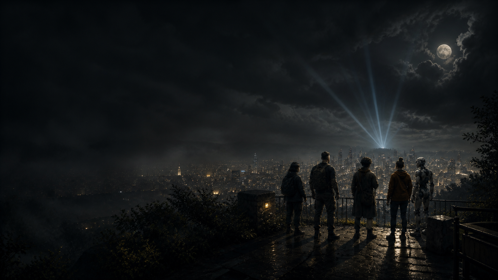 A varied group looking across a night city towards converging beams of light